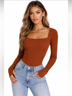 Alix Nyc Womens Brown Square Neck Long Sleeve Bodysuit Size S Lounge Basic Soft